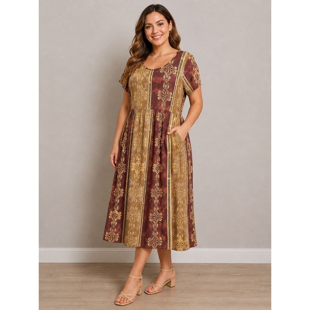 Bali Batiks Maxi Dress Womens M Brown Tan Resortwear Boho Rayon Short Sleeve Sun